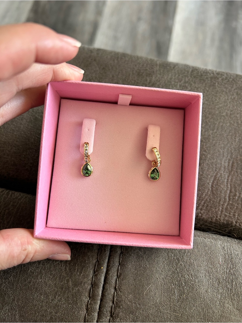 SWAROVSKI Gold Drop Earrings with Green Teardrop Gemstone